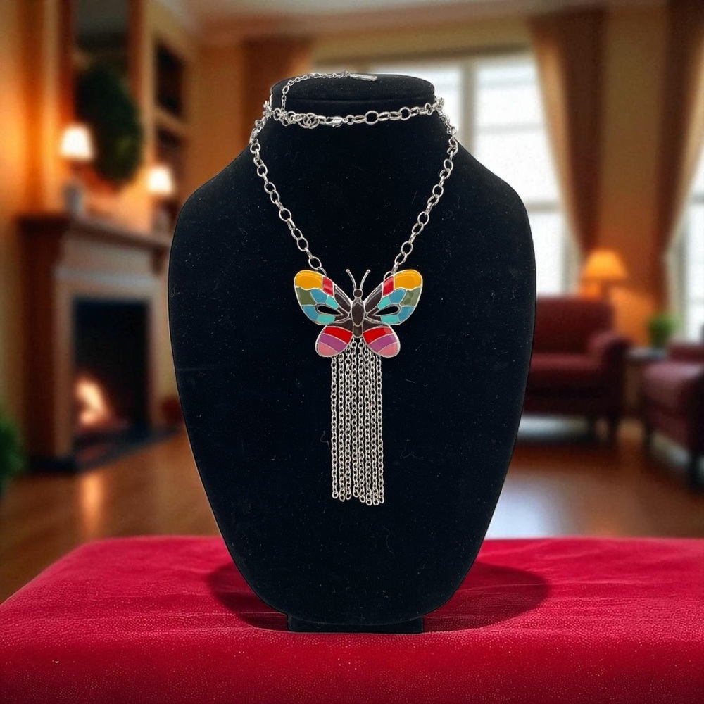 Lily Bloom Colorful Enamel Mosaic Butterfly Pendant Necklace